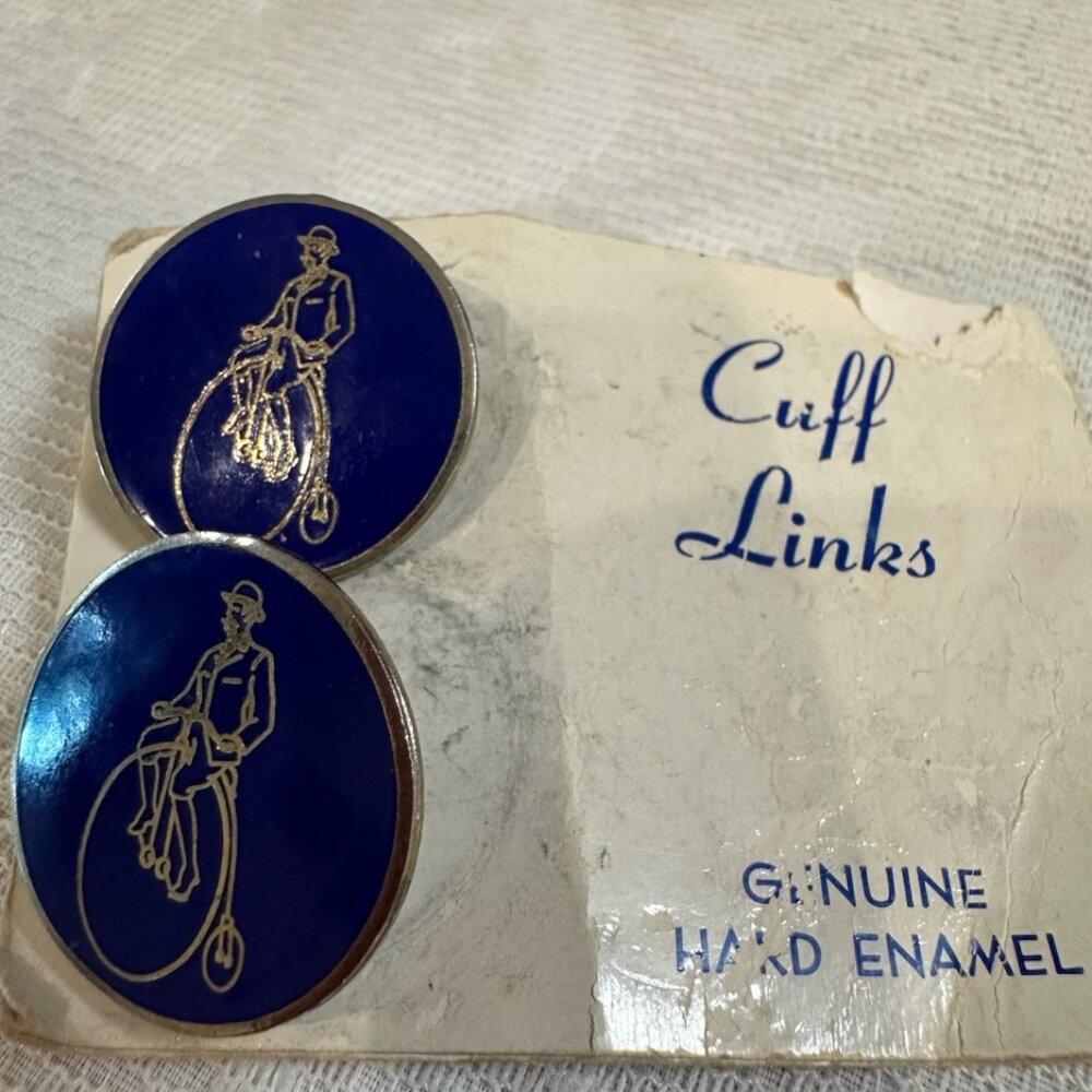 NEW Vintage 1960's Large Blue Enamel Bicycle Cuff Links